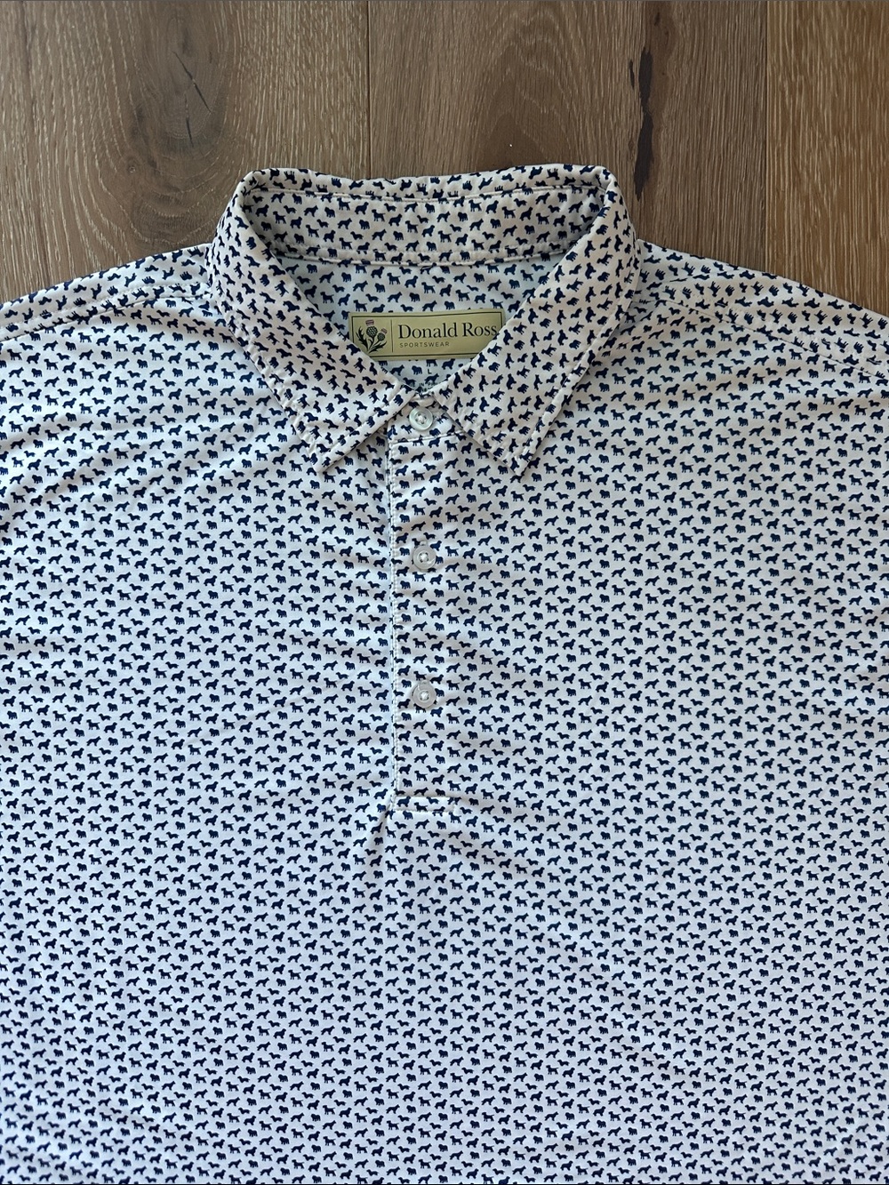 Donald Ross Men’s Polo with Blue Dog Print Large
